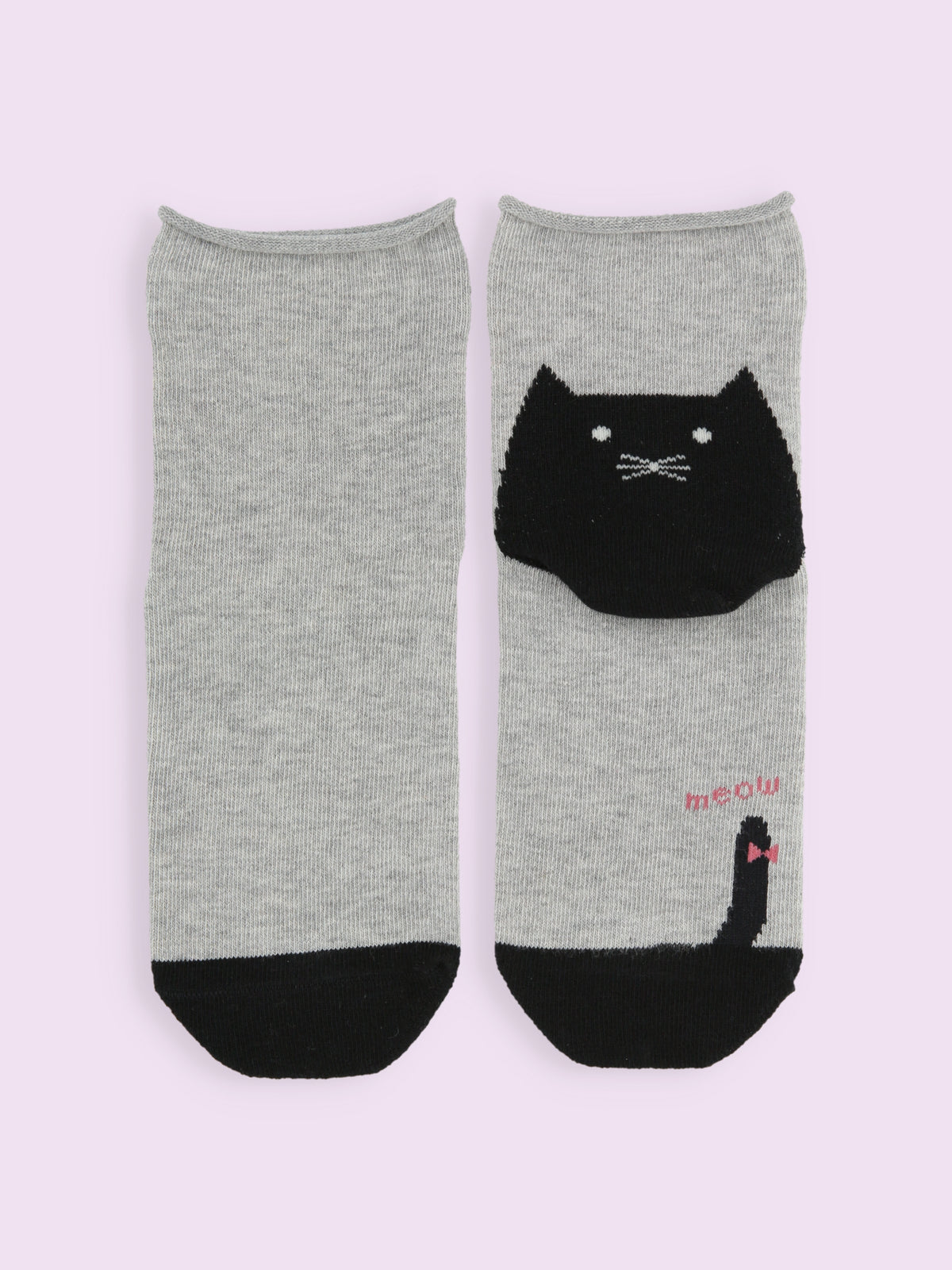【3足1,485円】かかとねこ履き口くるくるショートソックス - グレーモク