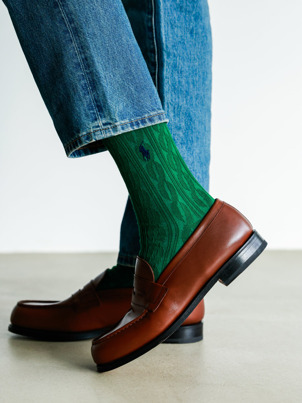 【MEN】POLO ポニー刺繡ケーブル柄レギュラー丈ソックス - グリーン