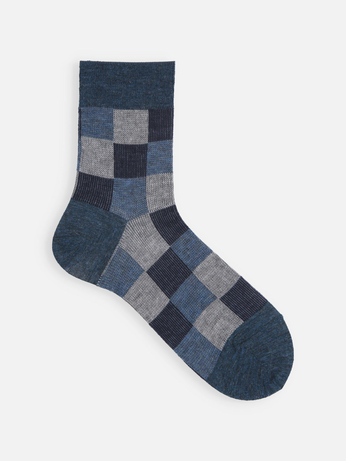 【Tabio MEN】ウール混ブロックジャカードブロックチェックショートソックス - ネイビー