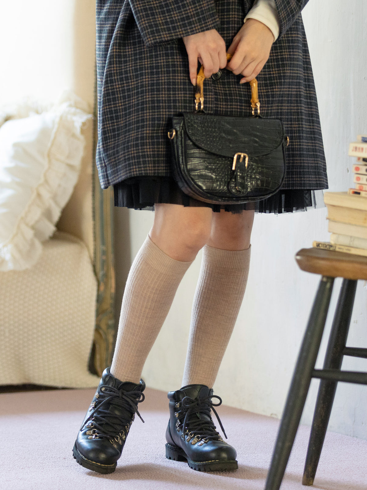 【毛混】PUREWOOLを楽しむ薄手ベーシックリブハイソックス