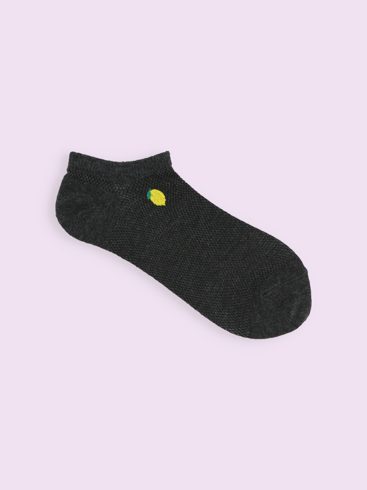 【3足1,485円】メッシュいろいろ刺繍スニーカー丈ソックス - チャコール＋レモン